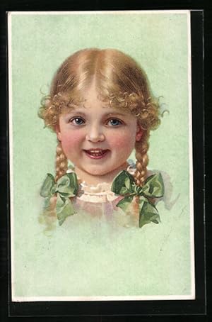 Ansichtskarte Lachendes Mädchen mit geflochtenen Zöpfen und Schleifen