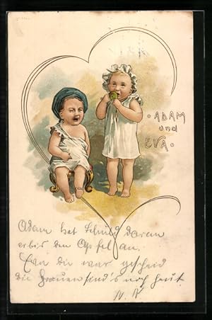 Ansichtskarte Adam und Eva, das kleine Mädchen beisst in den Apfel, der kleine Junge weint