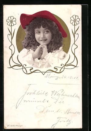 Ansichtskarte kleines Kind mit rotem Hut, Jugendstil