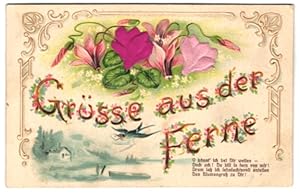 Seller image for Stoff-Pr�ge-Ansichtskarte Gr�sse aus der Ferne, Lilien aus echtem Stoff for sale by Bartko-Reher