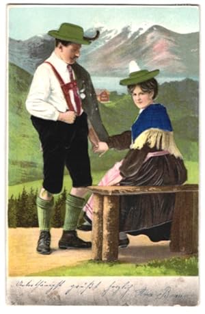 Ansichtskarte Junges Paar in Tiroler Trachten aus echtem Stoff