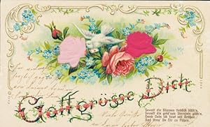 Stoff Präge Ansichtskarte / Postkarte Gott grüße Dich, Blumen, Rosen, Taube