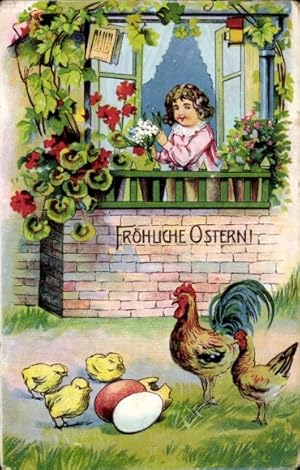 Ansichtskarte / Postkarte Glückwunsch Ostern, Mädchen auf dem Balkon, Hühner, Küken, Eier