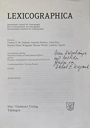 Bild des Verkufers fr Lexicographica. International Annual for Lexicography. [ Widmungsexemplar / Sonderdruck ] In conjunction with the Dictionary Society of North America (DSNA) and the European Association for Lexicography (EURALEX) zum Verkauf von Fundus-Online GbR Borkert Schwarz Zerfa