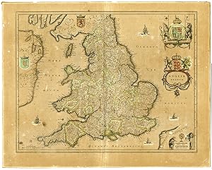 Antique Map-ENGLAND-WALES-SCOTLAND-UK-COAT OF ARMS-Janssonius-1646