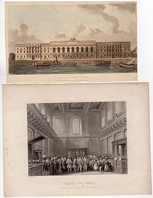 2-Antique Prints-CUSTOM HOUSE-BANGUETING-WHITEHALL-Melville-Shephard-1816-1842