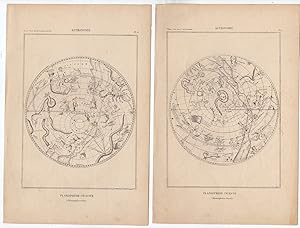 2-Antique Prints-ASTRONOMY-EARTH-CELESTIAL-HEMISPHERE-ZODIAC-Taillart-1852
