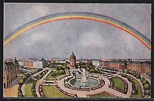 Künstler-Ansichtskarte Mannheim, Regenbogen über dem Friedrichsplatz mit Wasserturm und Fontaine