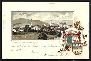 Passepartout-Lithographie Furth i. Wald, Panoramablick auf den Ort, Wappen