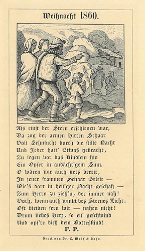 "Weihnacht 1860. Als einst der Stern erschienen war" usw. Zahlreich Gläubige mit Gaben auf dem We...