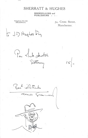 Seller image for [Frank Greenwood, painter, etcher and illustrator.] Autograph Receipt for 'Pen & Ink Sketch / Stokesay', made out to J. D. Hughes of Sherratt & Hughes, with ink caricature self-portrait. for sale by Richard M. Ford Ltd