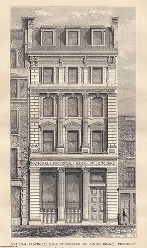 Bild des Verkufers fr 1873 : National Provincial Bank of England: St. James's Branch, Piccadilly. An original page from The Builder. An Illustrated Weekly Magazine, for the Architect, Engineer, Archaeologist, Constructor, & Art-Lover. zum Verkauf von Cosmo Books