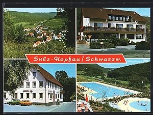 Ansichtskarte Sulz-Hopfau /Schwarzw., Ortsansicht, Freibad, Gasthof