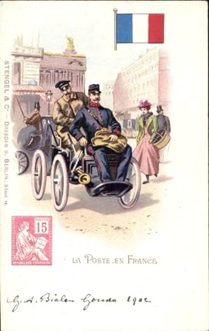 Briefmarken Litho Die Post in Frankreich, Postbote, Auto