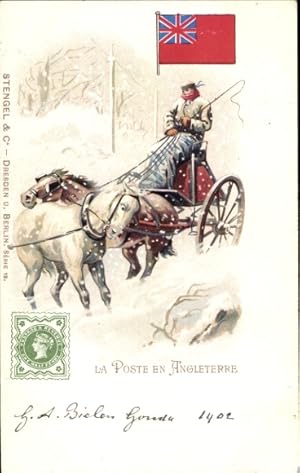 Briefmarken Litho Die Post in England, Pferde, Fuhrwerk im Schnee