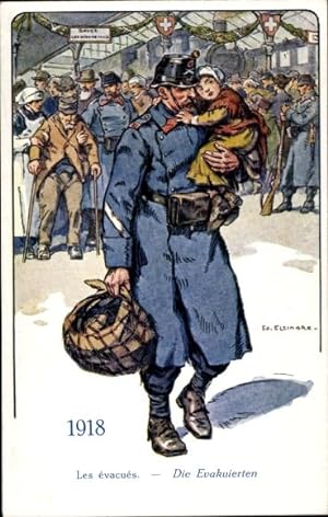 Künstler Ansichtskarte / Postkarte Der Schweizer Soldat im Laufe der Jahrhunderte, Die Evakuierte...