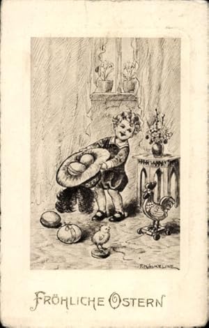 Künstler Ansichtskarte / Postkarte Kaskeline, F., Glückwunsch Ostern, Kind mit Eiern in einem Hut