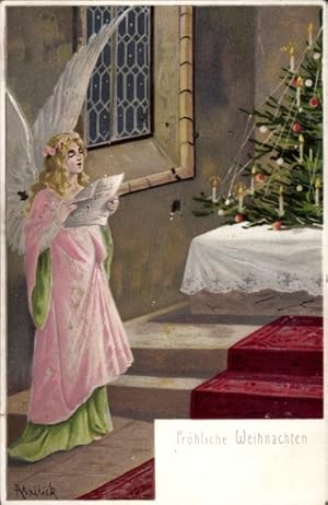 Künstler Litho Mailick, Glückwunsch Weihnachten, Singender Engel in der Kirche