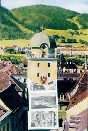 Leporello Ansichtskarte / Postkarte Donawitz Leoben Steiermark, Stadtturm, Bergmannbrunnen, Rathaus