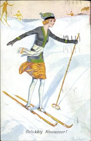 Künstler Ansichtskarte / Postkarte Plantikow, Fröhliches Neujahr, Junge Frau auf Skiern