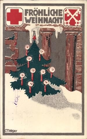 Künstler Ansichtskarte / Postkarte Metzger, Glückwunsch Weihnachten, Tannenbaum, Rotes Kreuz, Obe...
