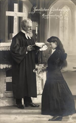 Ansichtskarte / Postkarte Glückwunsch Konfirmation, Mädchen vor dem Priester