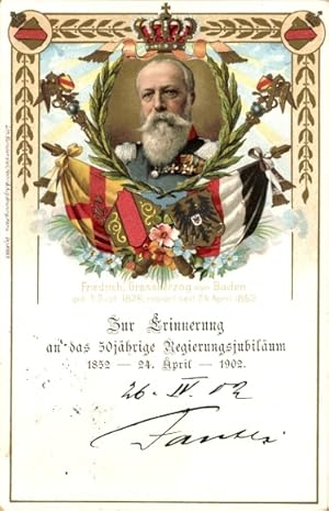 Litho Friedrich I. Großherzog von Baden, Portrait, Wappen