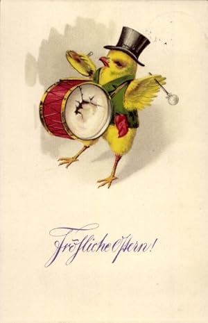 Ansichtskarte / Postkarte Glückwunsch Ostern, Vermenschlichtes Küken, kaputte Trommel