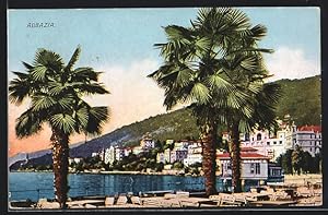 Ansichtskarte Abbazia, Palmen an einem Café mit Blick auf Stadt