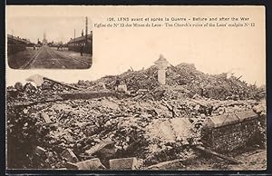 Carte postale Lens, Avant et après la Guerre, Eglise du No. 12 des Mines de Lens