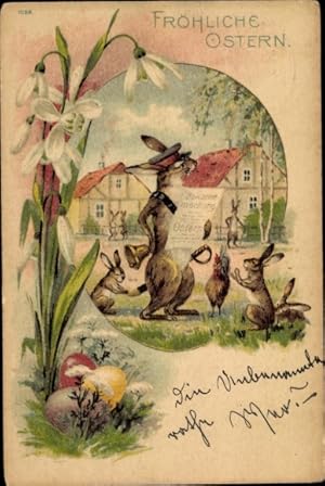 Litho Glückwunsch Ostern, Osterhasen, Ostereier, Schneeglocken