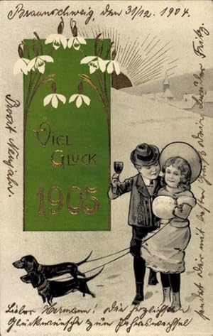 Präge Litho Glückwunsch Neujahr, Jahreszahl 1906, Kinder, Dackel, Schneeglöckchen