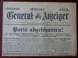 Essener General-Anzeiger. 2. (Sonder)-Ausgabe. 2. September 1914. Schlagzeile: Paris abgeschnitten !