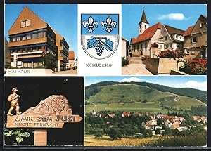 Ansichtskarte Kohlberg / Jusi, Ortsansicht, Rathaus, Kirche und Wappen