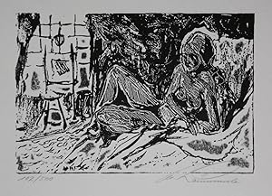 Bild des Verkufers fr Weiblicher Akt auf einem Bett. Linolschnitt (?). Mit Bleistift signiert. Auflage 102/500. zum Verkauf von Antiquariat  Braun