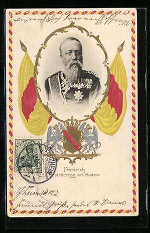Ansichtskarte Friedrich von Baden, Portrait mit Fahnen und Wappen mit Krone