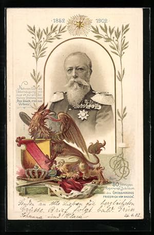 Ansichtskarte Porträt Grossherzogs Friedrich von Baden, Herrschersignien und Wappen mit Greif