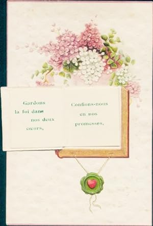 Präge Leporello Ansichtskarte / Postkarte Blumen, Buch, Siegel, Herz, Kitsch