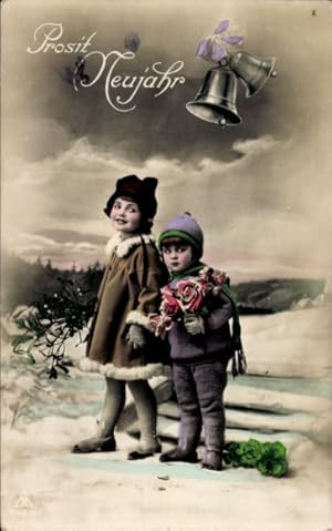 Ansichtskarte / Postkarte Glückwunsch Neujahr, Kinder, Glocken, Blumen