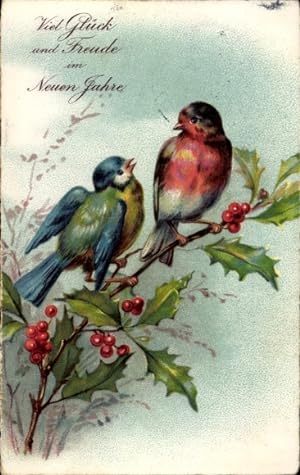 Ansichtskarte / Postkarte Glückwunsch Neujahr, Stechpalme, Vögel