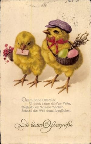 Ansichtskarte / Postkarte Glückwunsch Ostern, Küken, Ostereier, Weidenkätzchen, Korb