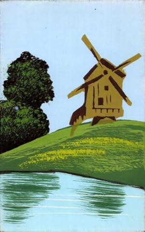 Handgemalt Ansichtskarte / Postkarte Windmühle, Blumenwiese, Bäume
