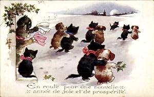 Künstler Ansichtskarte / Postkarte Glückwunsch Neujahr, Hunde und Katzen in Harmonie, Stechpalme