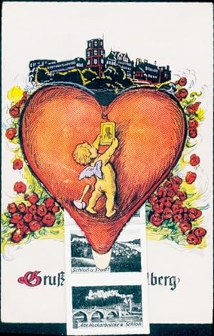 Leporello Ansichtskarte / Postkarte Heidelberg am Neckar, Schloss, Alte Neckarbrücke, Amor, Herz