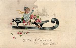 Ansichtskarte / Postkarte Glückwunsch Neujahr, Junge auf einem Schlittschuh als Schlitten