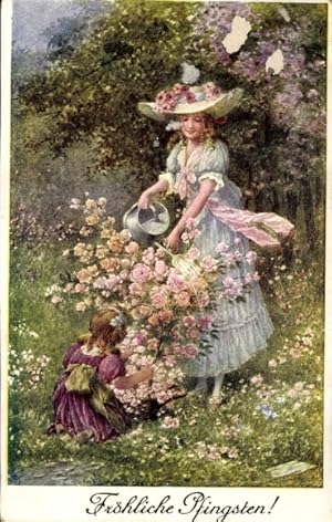 Bild des Verkufers fr Ansichtskarte / Postkarte Glckwunsch Pfingsten, Mdchen gieen Rosen in einem Garten zum Verkauf von akpool GmbH