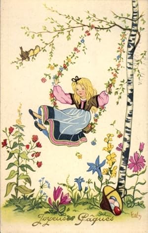 Künstler Ansichtskarte / Postkarte Glückwunsch Ostern, Mädchen auf einer Schaukel, Blumen, Ostereier
