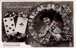 Ansichtskarte / Postkarte Frau mit Rosen, Portrait, Spielkarten
