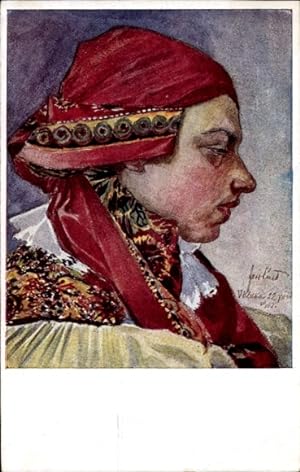 Künstler Ansichtskarte / Postkarte Michalovic, S., Frau in tschechischer Tracht, Rotes Kopftuch