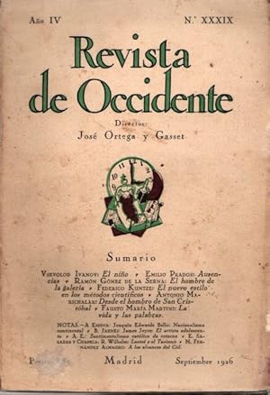 Bild des Verkufers fr Revista de Occidente. Septiembre 1926 - N XXXIX . zum Verkauf von Librera Astarloa